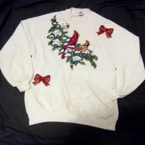 Vintage Jerzees Cardinal and Bow Embroidered White Long Sleeve Sweater Size XL
